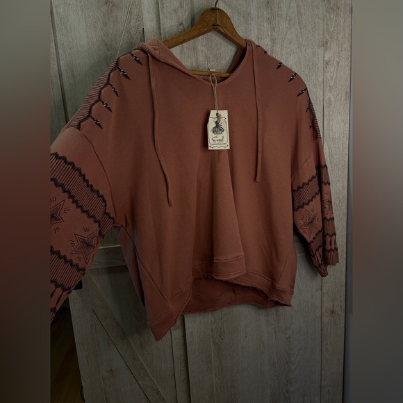 easel Tops - Easel Terracotta Hooded Sweatshirt with Patterned Sleeves
